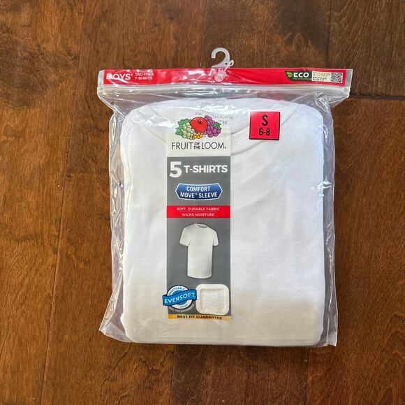Fruit of the Loom Boys White T Shirts Crew Cotton Undershirt 5 Pack Small 6 - 8 - Picture 1 of 3